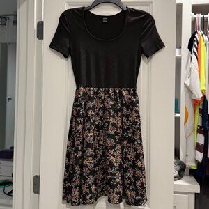 Shein Black Ribbed Top Floral Scoop Neck Dress XS Short Sleeve